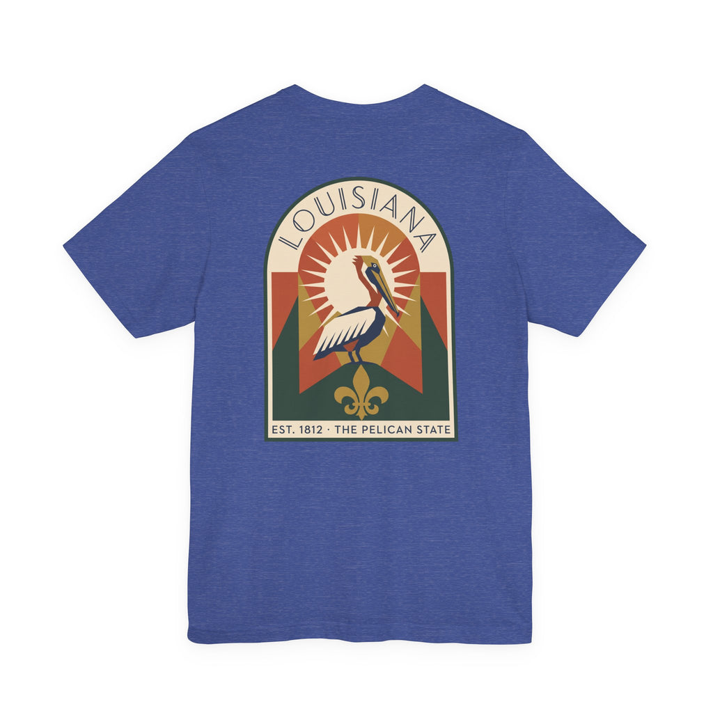 Blue t-shirt with Louisiana pelican art graphic on chest