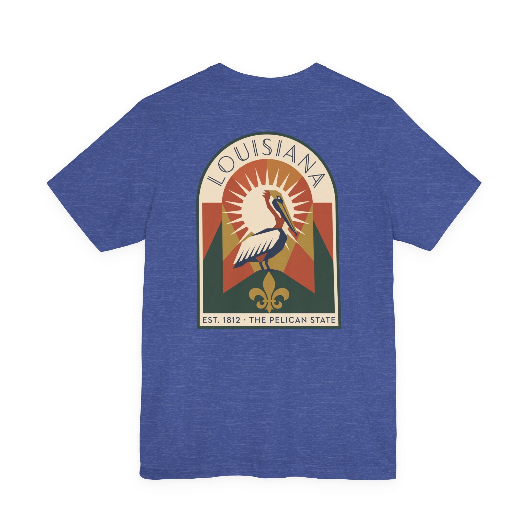 Blue t-shirt with Louisiana pelican art graphic on chest
