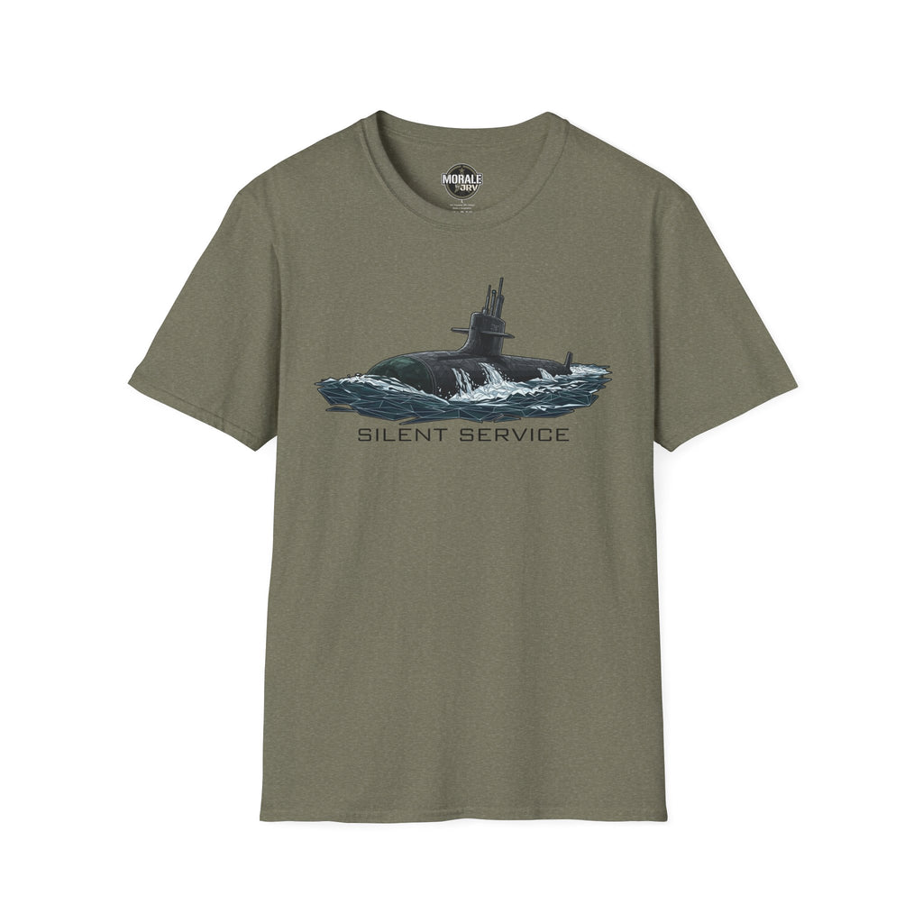 Silent Service T-shirt in olive green, submarine graphic with SILENT SERVICE lettering