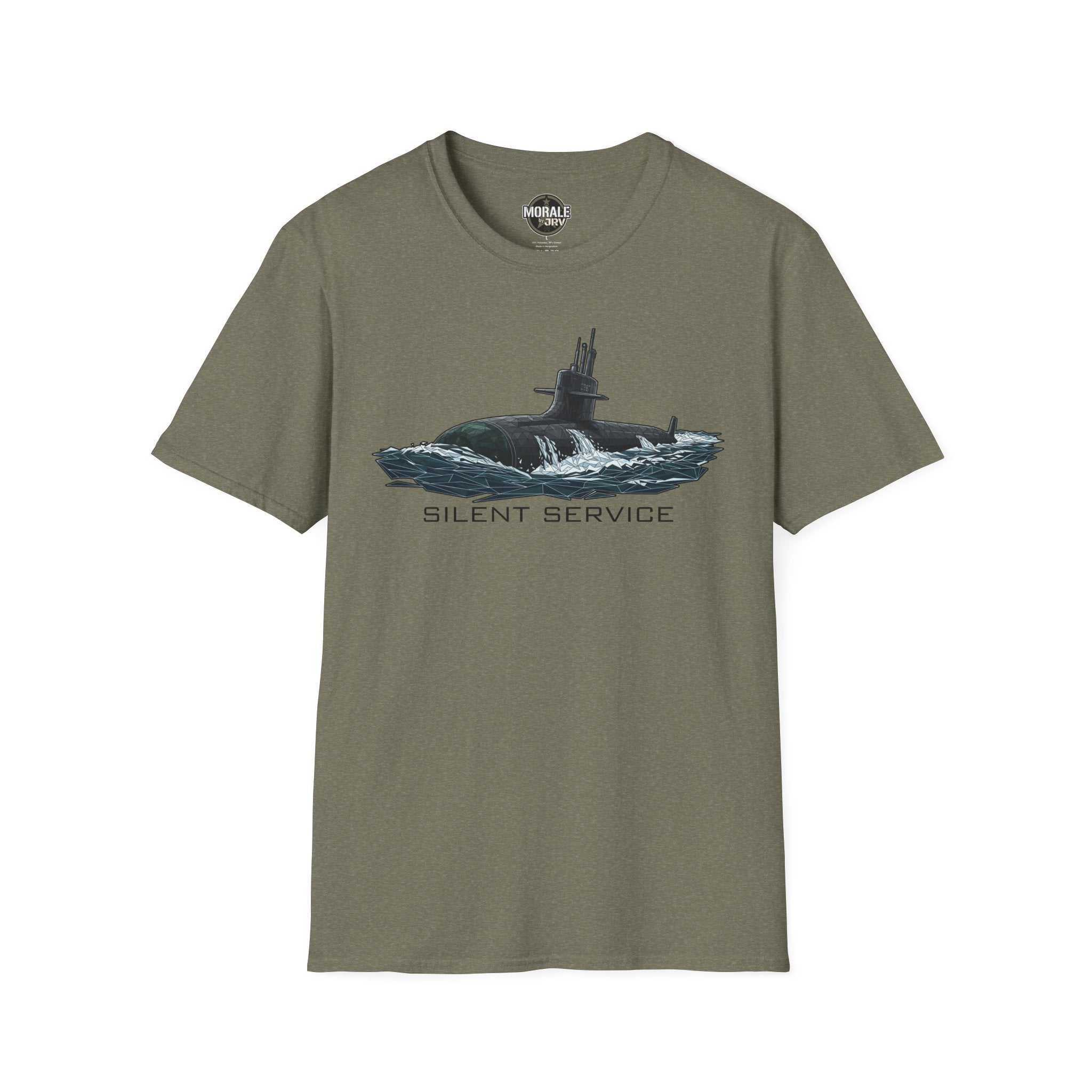 Silent Service T-shirt in olive green, submarine graphic with SILENT SERVICE lettering