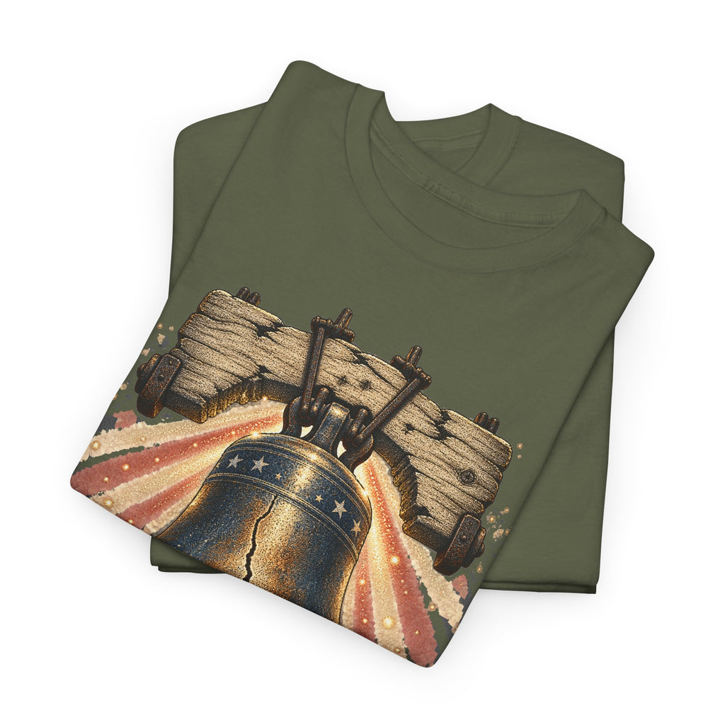 Military green short-sleeve crewneck T-shirt with patriotic liberty bell graphic.