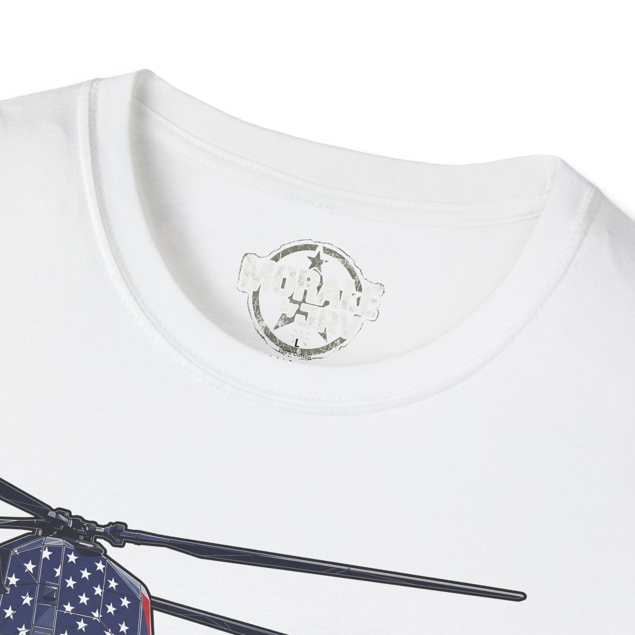 White CH-47 helicopter T-shirt neckline close-up with printed rotor and circular logo