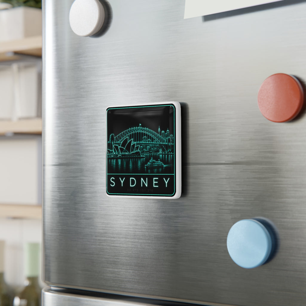 Square porcelain magnet showing neon outline Sydney skyline and “SYDNEY”