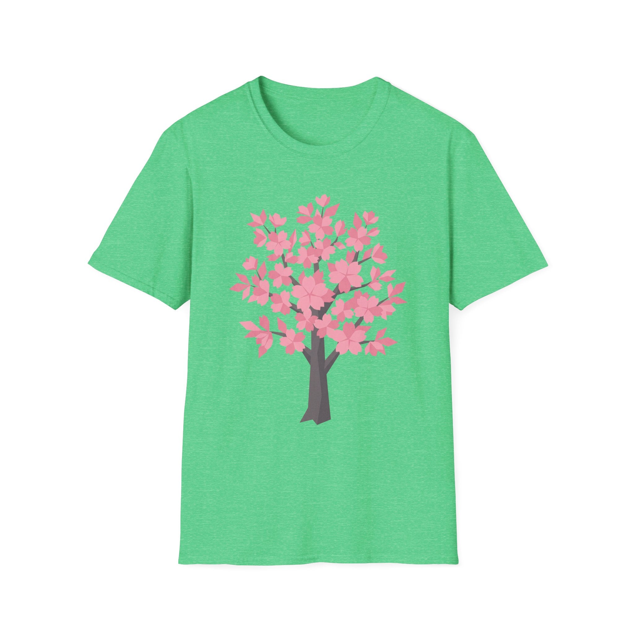 Cherry blossom tree T-shirt, pink floral design on bright green front