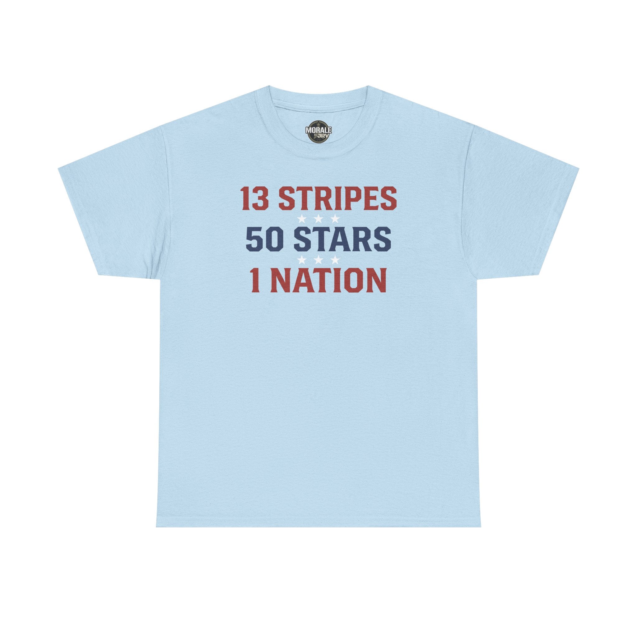 Light blue crewneck T-shirt, front text '13 STRIPES 50 STARS 1 NATION'