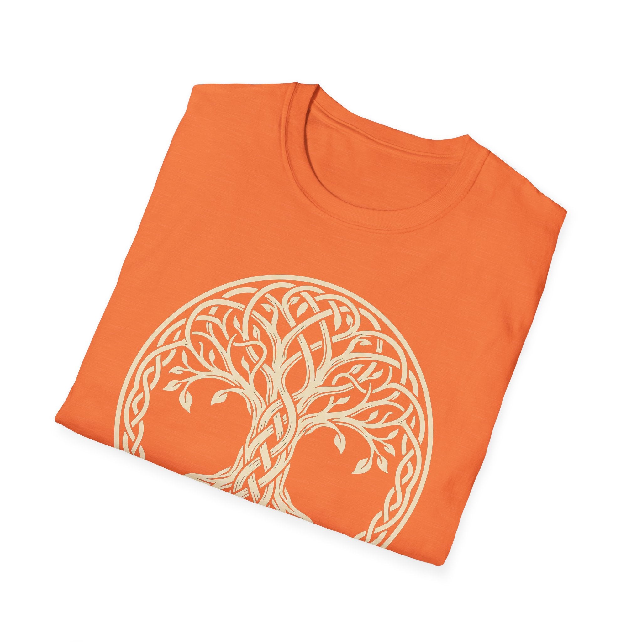 Orange T-shirt with Celtic Tree of Life knotwork emblem and leafy branches