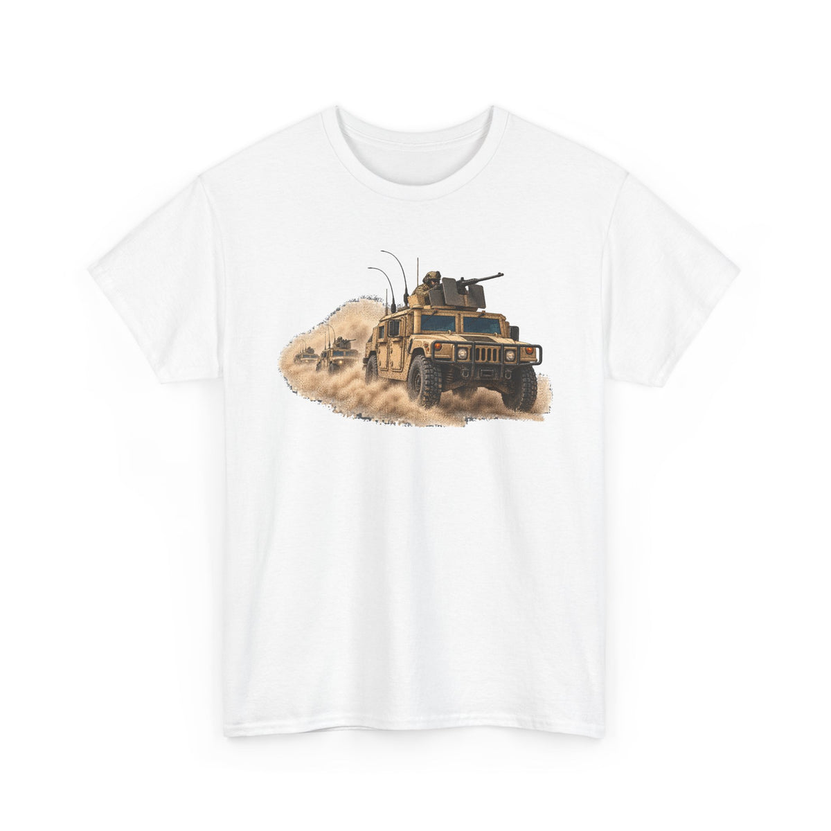 White crew-neck T-shirt with armored vehicle graphic in sand dust
