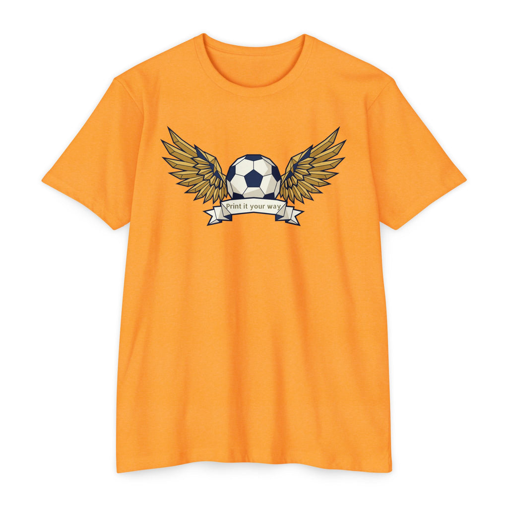 Orange unisex soccer T-shirt with winged soccer ball graphic on the chest