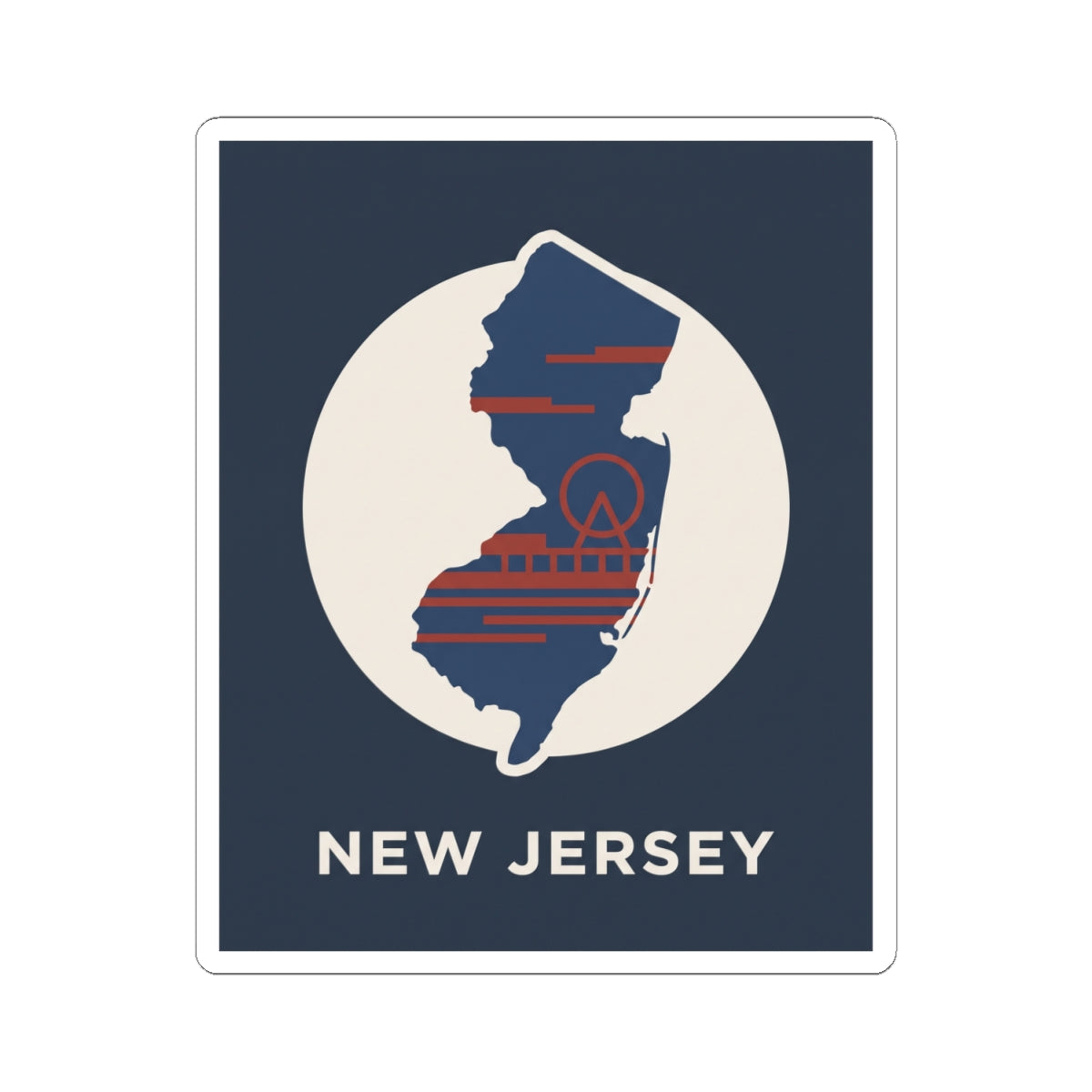 NJ state map kiss-cut sticker with navy field, red-blue stripes, and 'NEW JERSEY' text