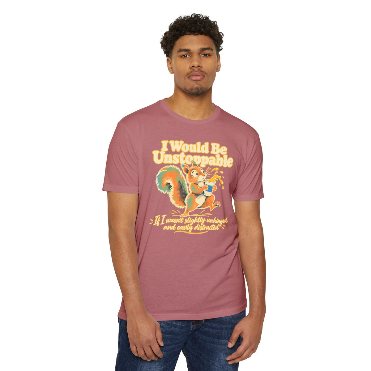 Muted rose crewneck T-shirt with colorful squirrel graphic on the front