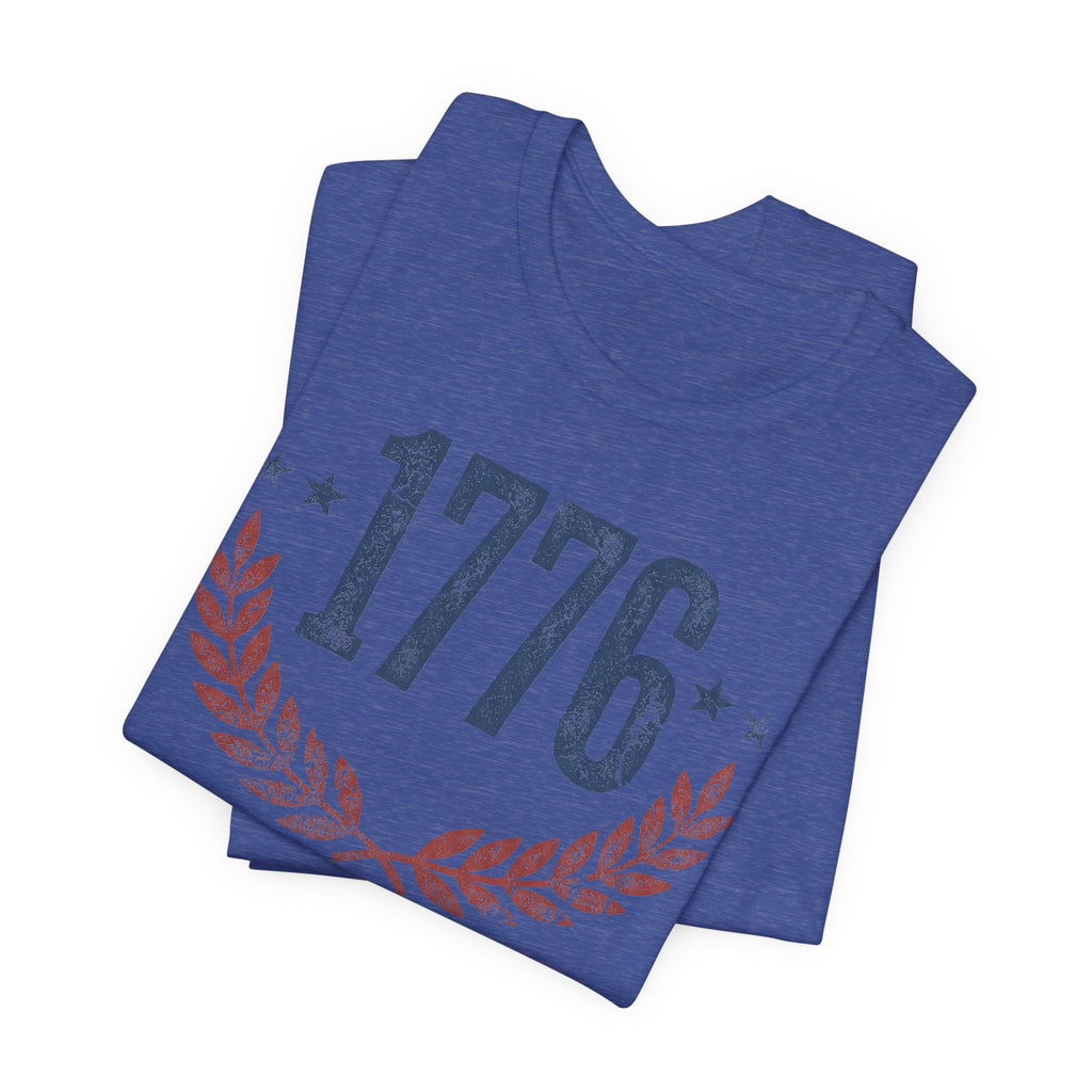 Royal blue 1776 graphic T-shirt with laurel wreath and stars
