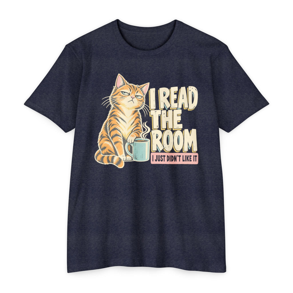 Navy crew-neck short-sleeve cat T-shirt with “I Read the Room” graphic and mug