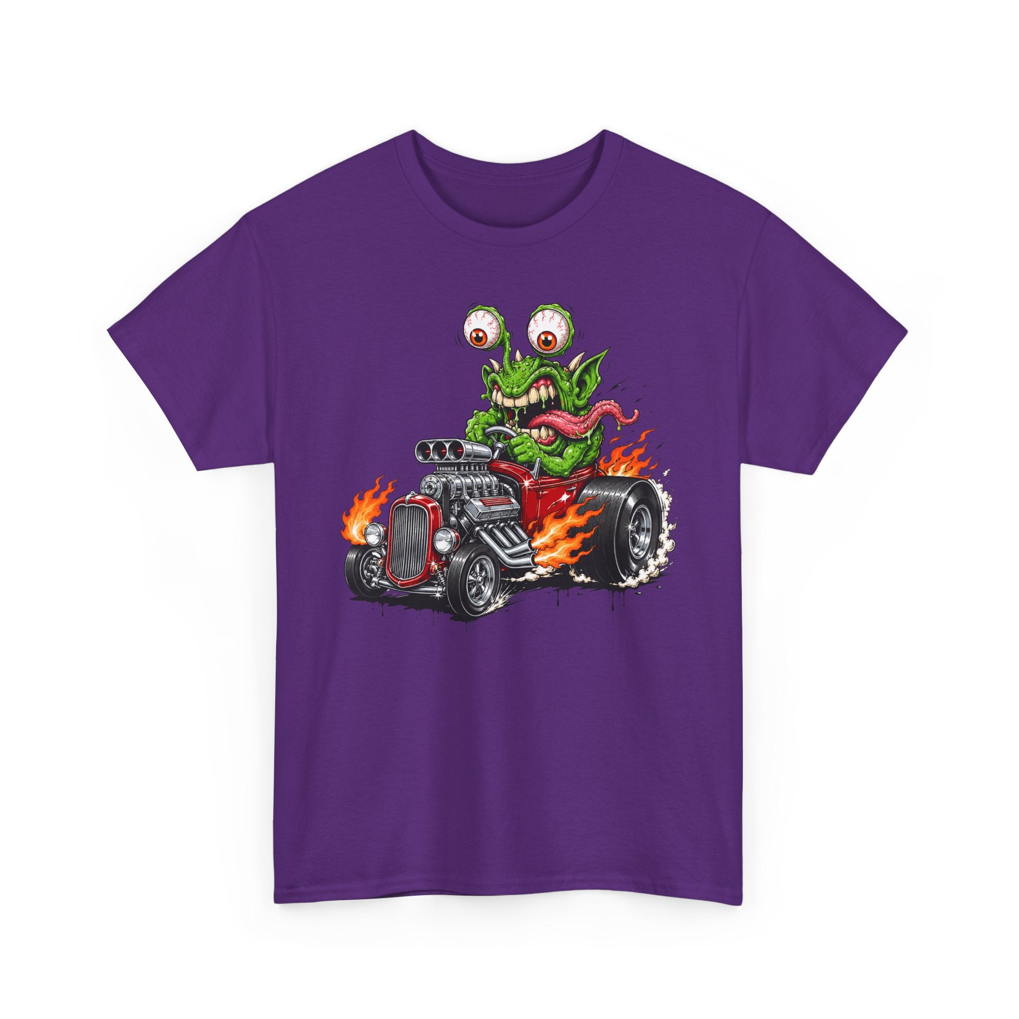 Purple monster hot rod graphic unisex T-shirt, green creature with flames