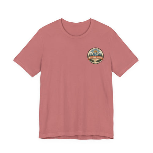 Dusty rose men's T-shirt with round vintage park lighthouse graphic on chest