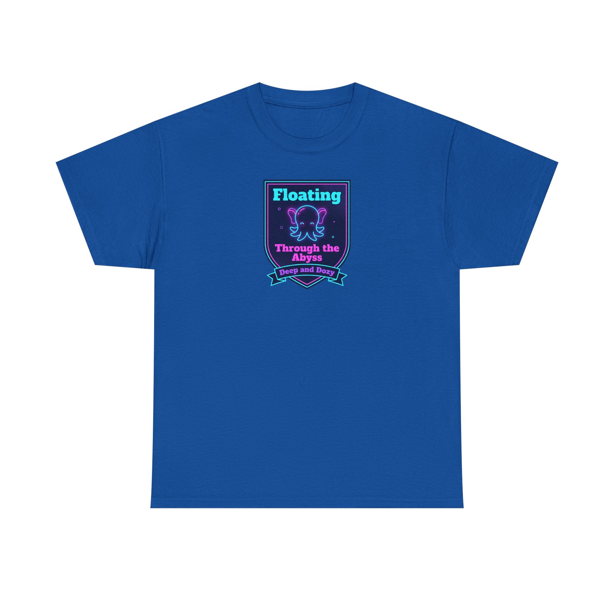 Royal blue crewneck T-shirt with centered neon octopus graphic patch