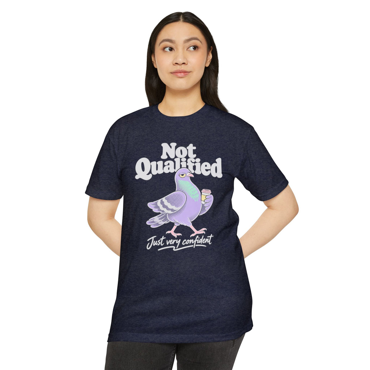 Navy crewneck T-shirt with pigeon graphic and 'Not Qualified' slogan on front