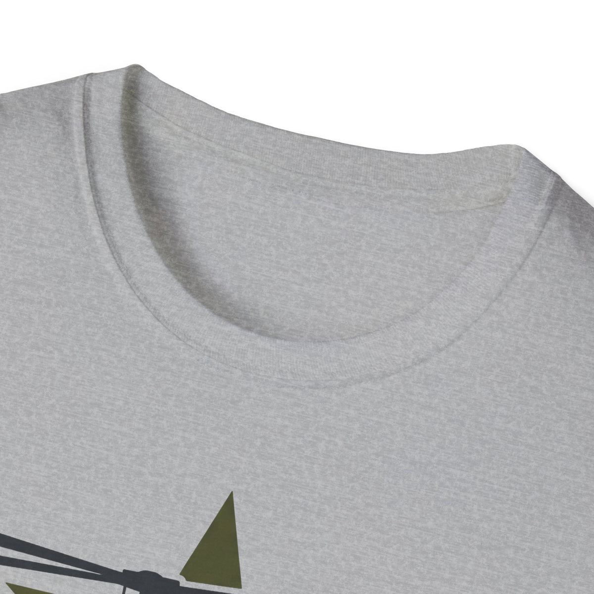 Heather gray crewneck collar with partial camo helicopter graphic