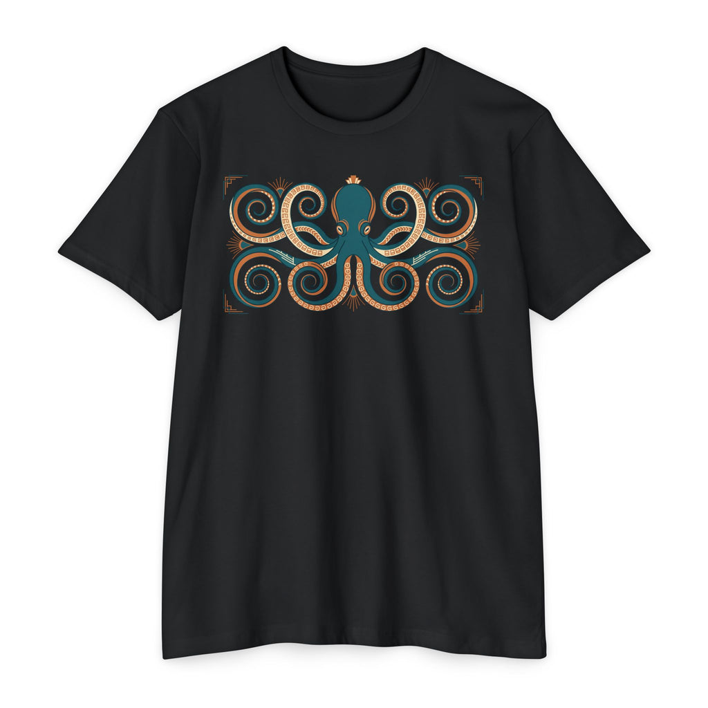 Octopus swirl graphic T-shirt, short-sleeve crew neck in black