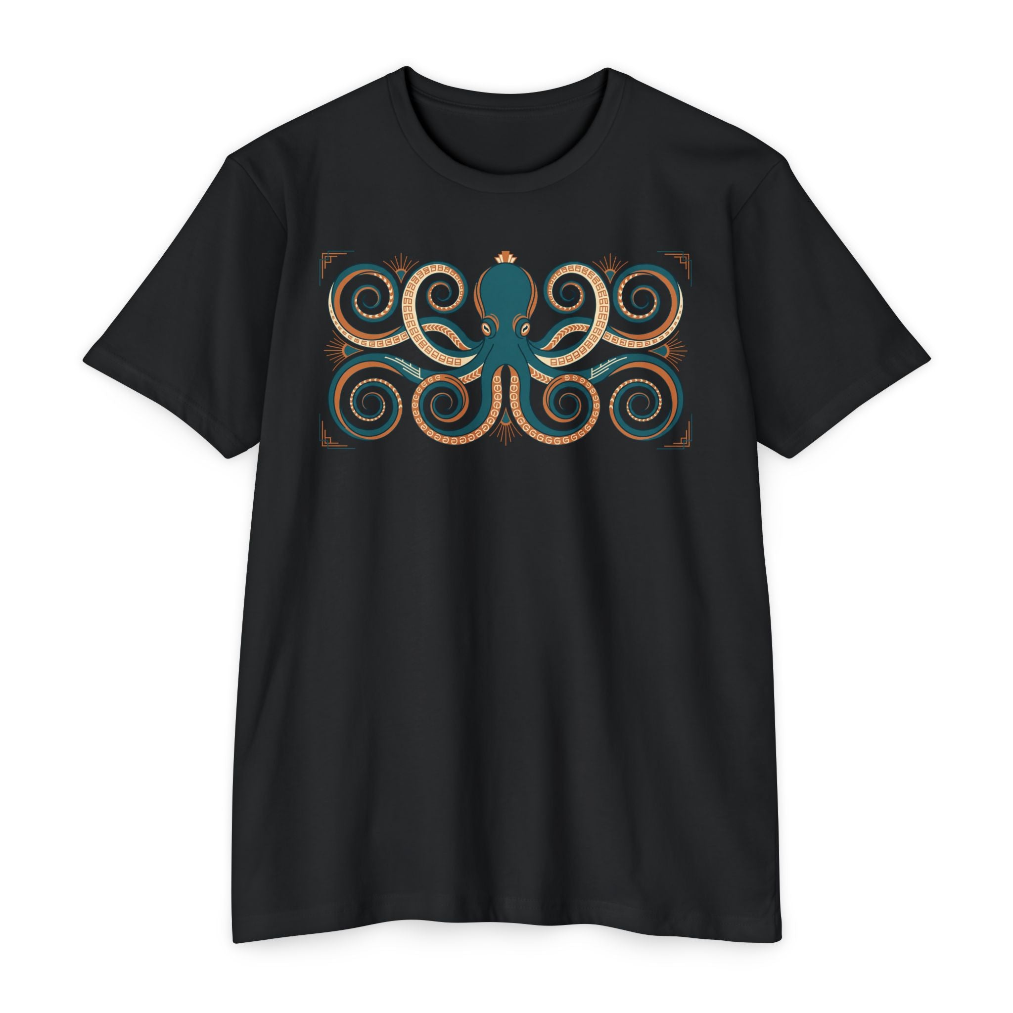 Octopus swirl graphic T-shirt, short-sleeve crew neck in black