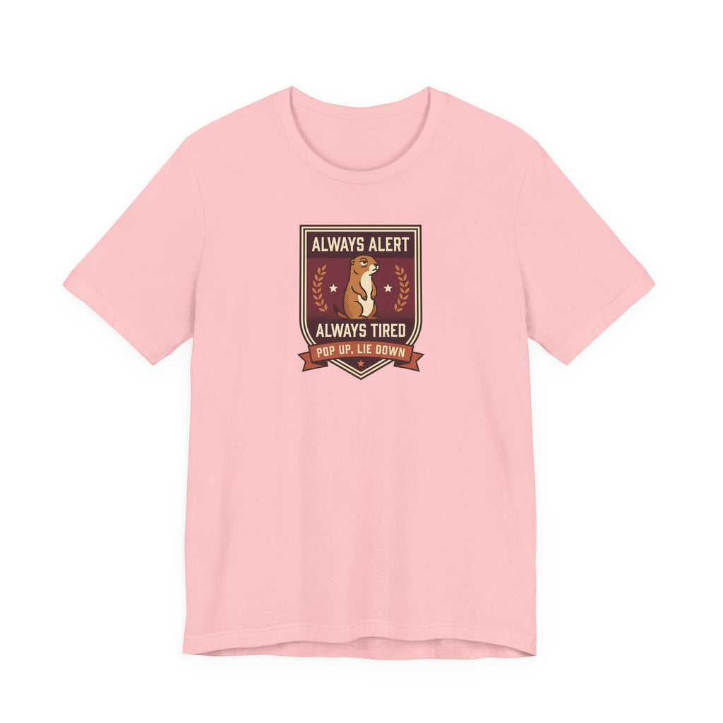 Pink crewneck T-shirt with brown squirrel crest badge graphic on chest