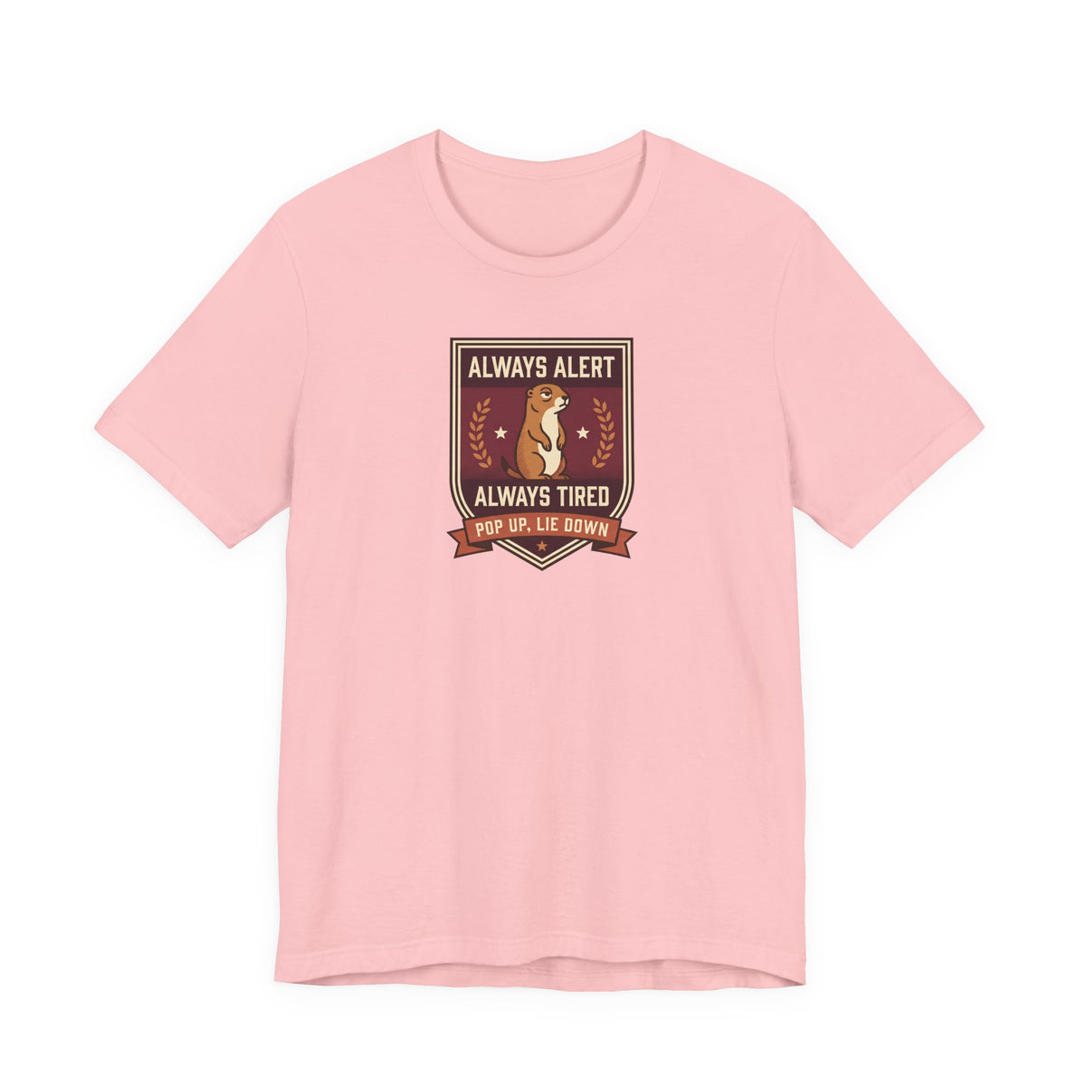 Pink crewneck T-shirt with brown squirrel crest badge graphic on chest