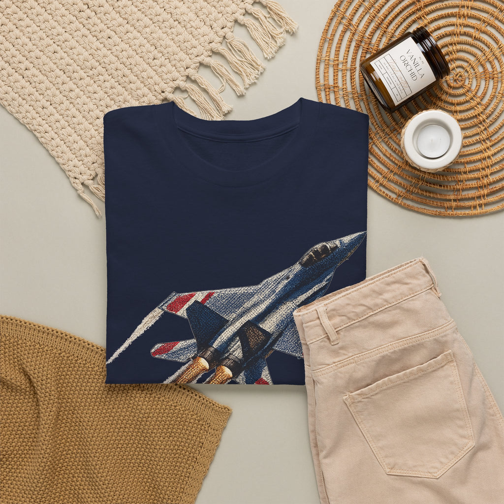 Navy crew-neck T-shirt with colorful fighter jet graphic on lower front
