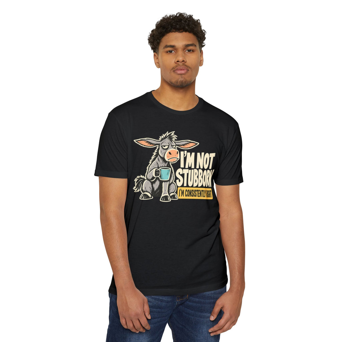 Black crew-neck t-shirt with stubborn donkey coffee graphic on chest