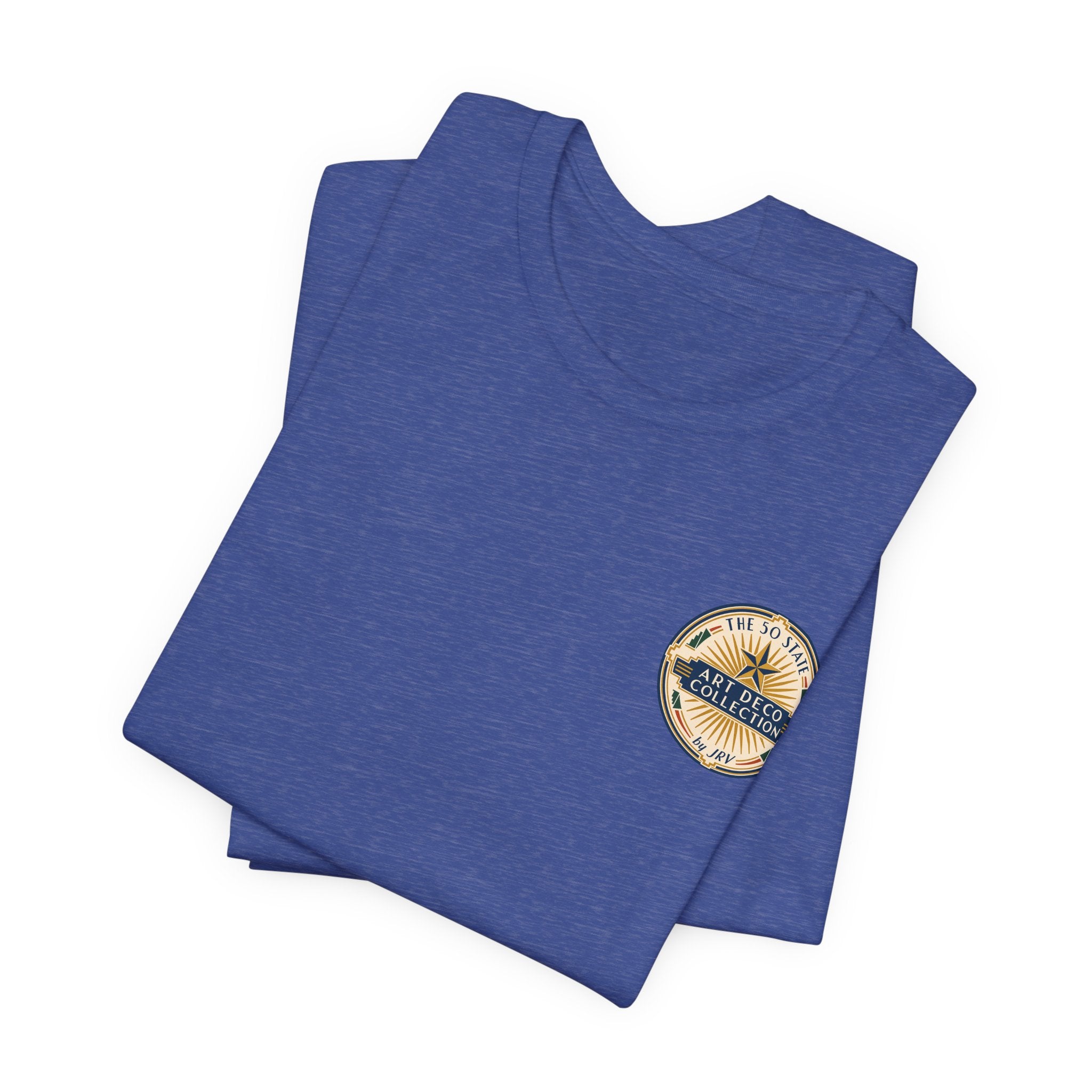 Heather blue T-shirt with small circular aviation logo on the chest, folded