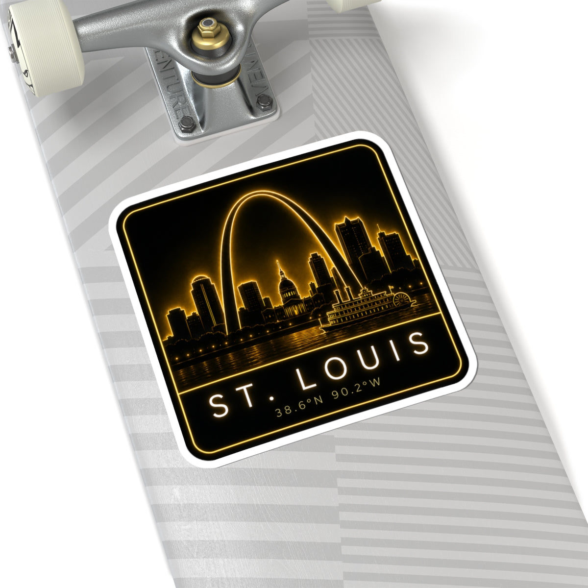 St. Louis neon skyline kiss-cut sticker on board, arch skyline and “ST. LOUIS” text.