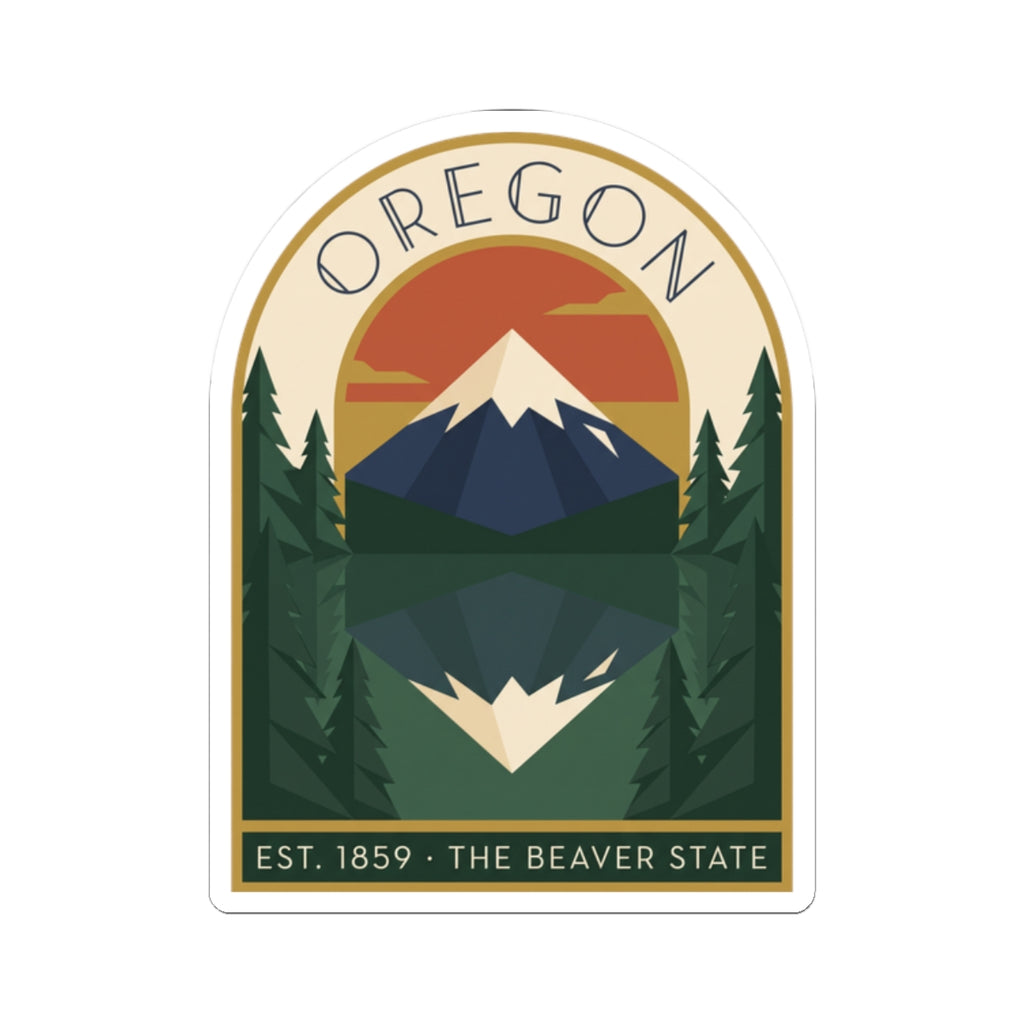 Rounded-arch Oregon sticker with sunset mountain graphic and “THE BEAVER STATE” at bottom.