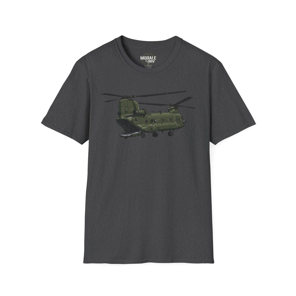 Dark heather CH-47 Chinook T-Shirt with green helicopter graphic on front