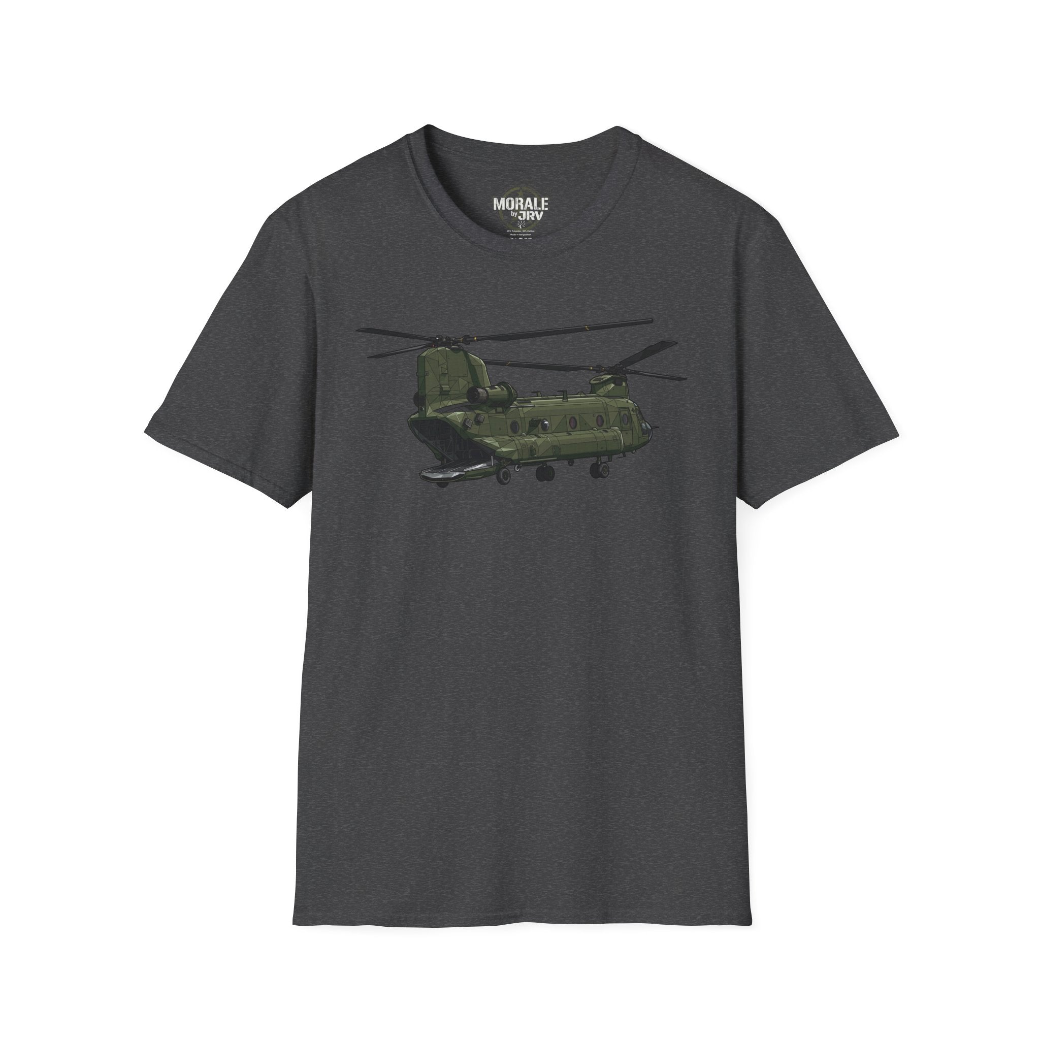 Dark heather CH-47 Chinook T-Shirt with green helicopter graphic on front