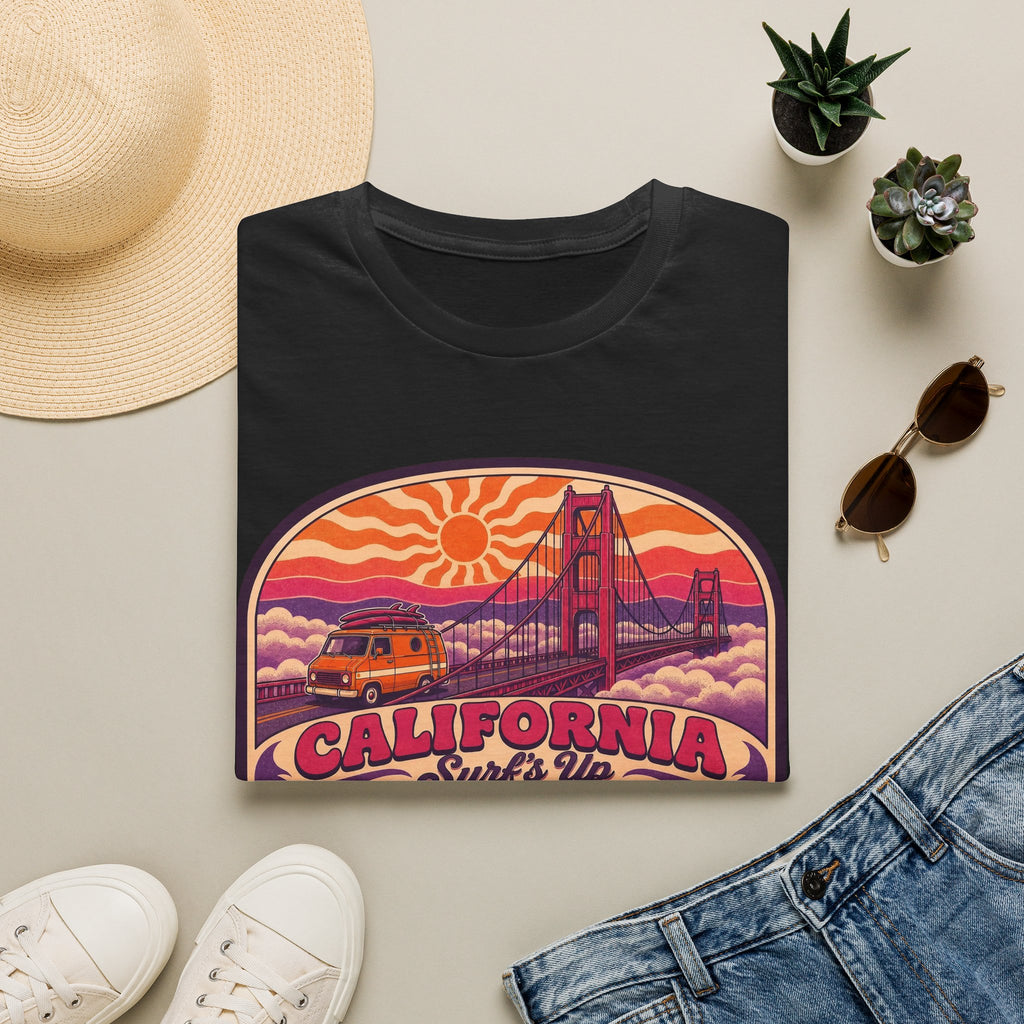 Black unisex graphic T-shirt with California surf bridge sunset logo on front