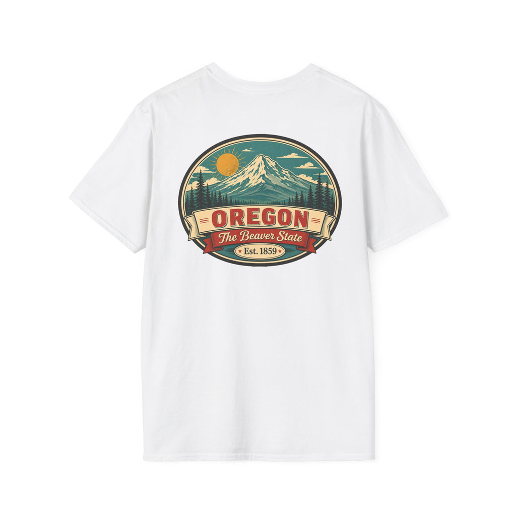 Oregon mountain graphic T-shirt, white crew neck with circular Beaver State logo
