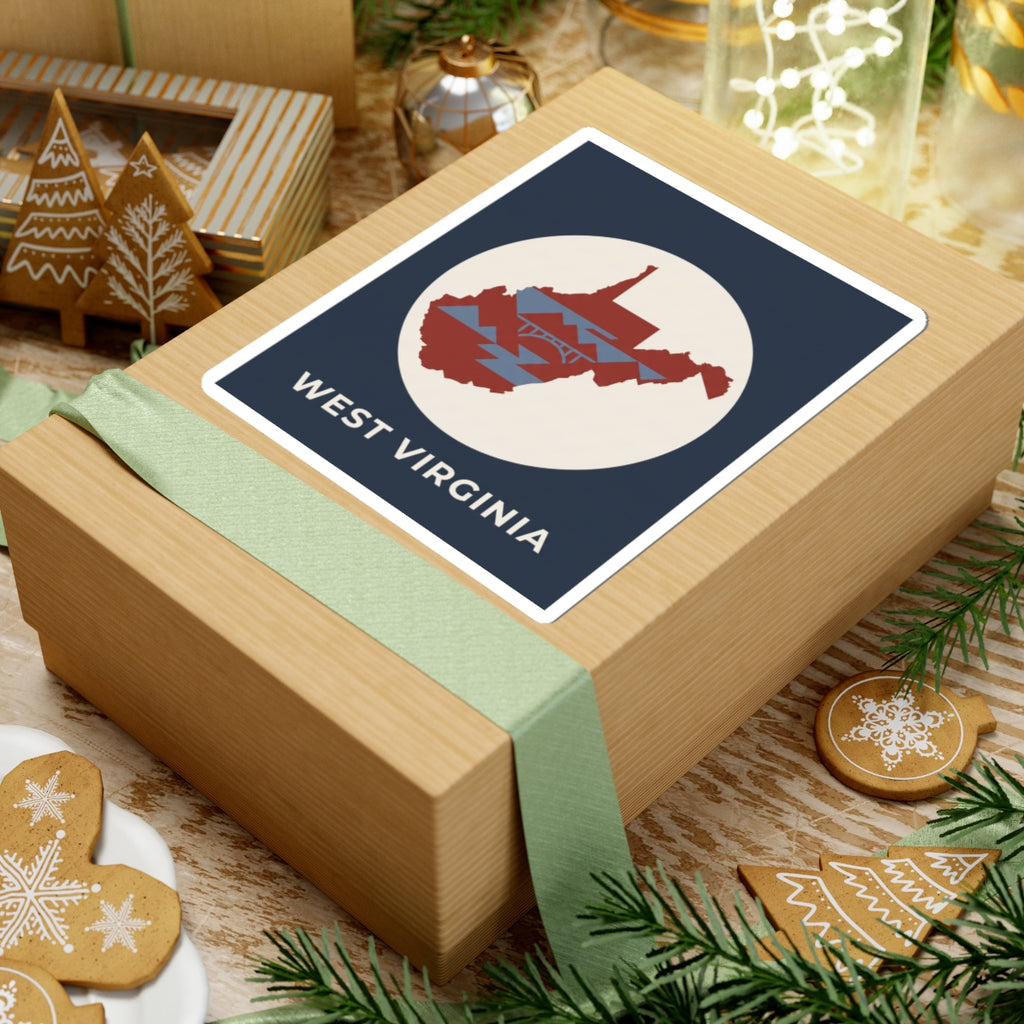 West Virginia map sticker on wrapped gift, navy square with red and blue state graphic and text