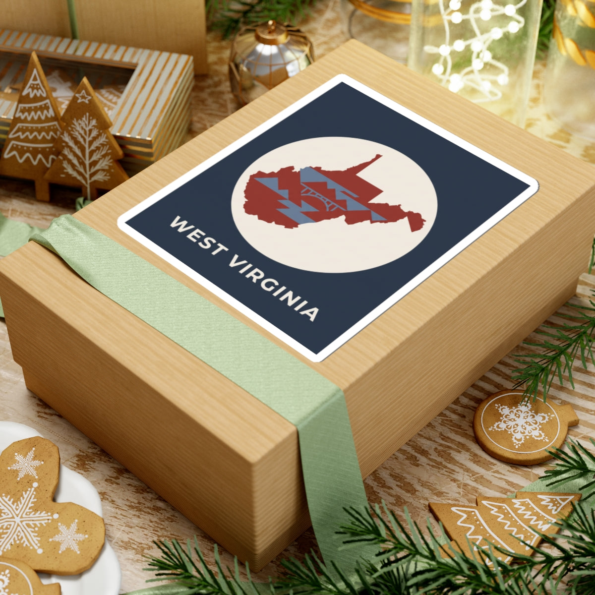 West Virginia map sticker on wrapped gift, navy square with red and blue state graphic and text