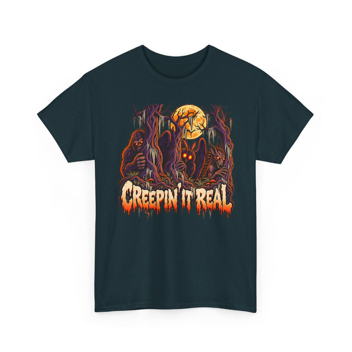 Halloween monster graphic T-shirt in dark teal with orange skull and claw design