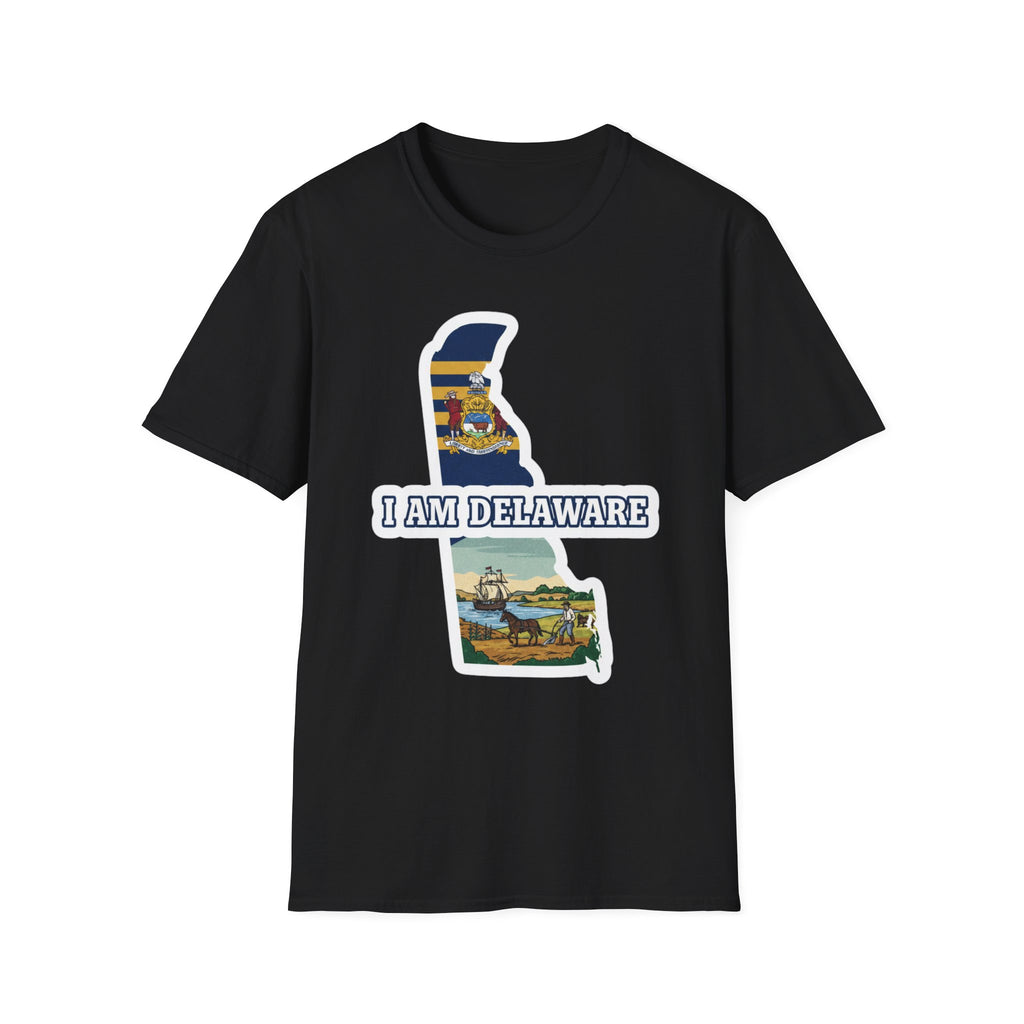 Black T-shirt with Delaware state outline graphic and 'I AM DELAWARE' lettering
