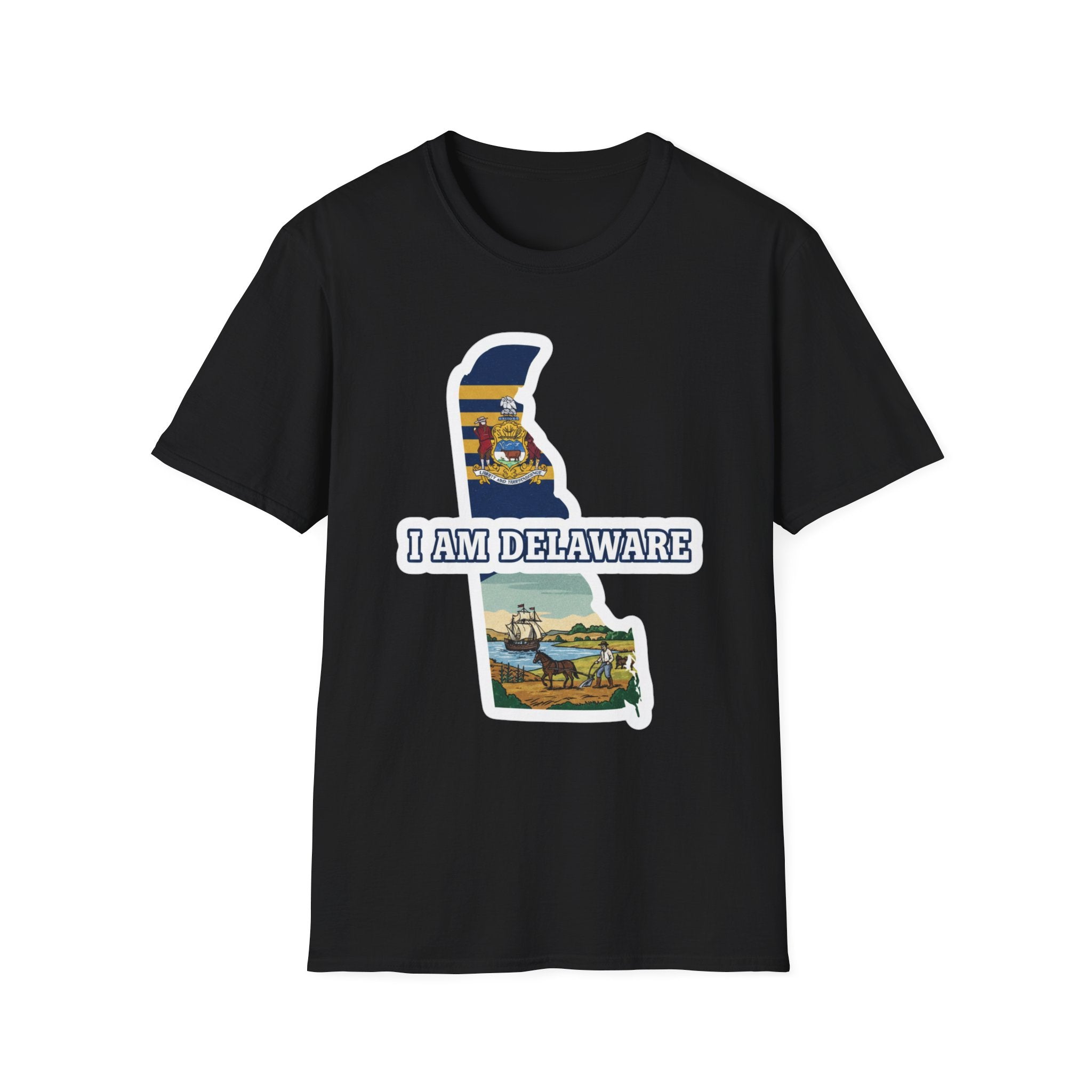Black T-shirt with Delaware state outline graphic and 'I AM DELAWARE' lettering