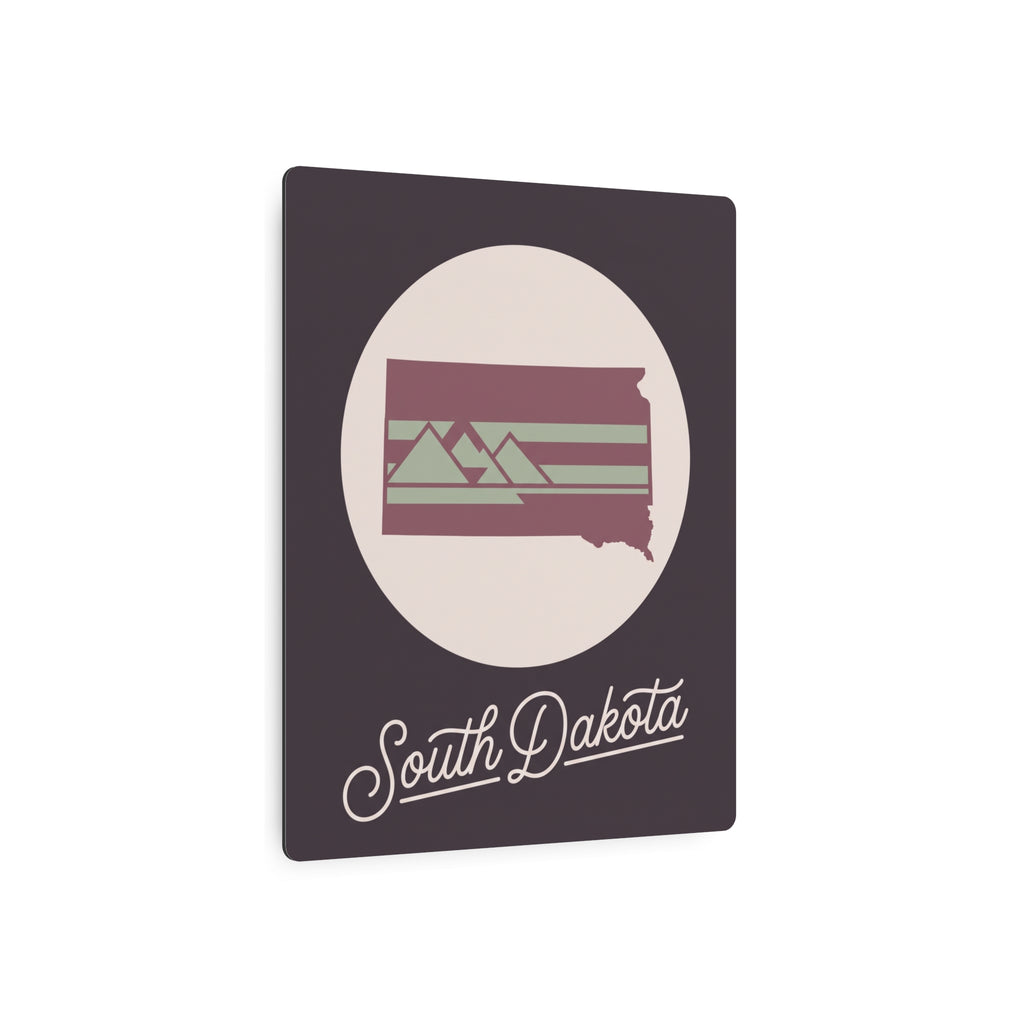 Square South Dakota metal wall art with circular graphic, mauve silhouette stripes, and script