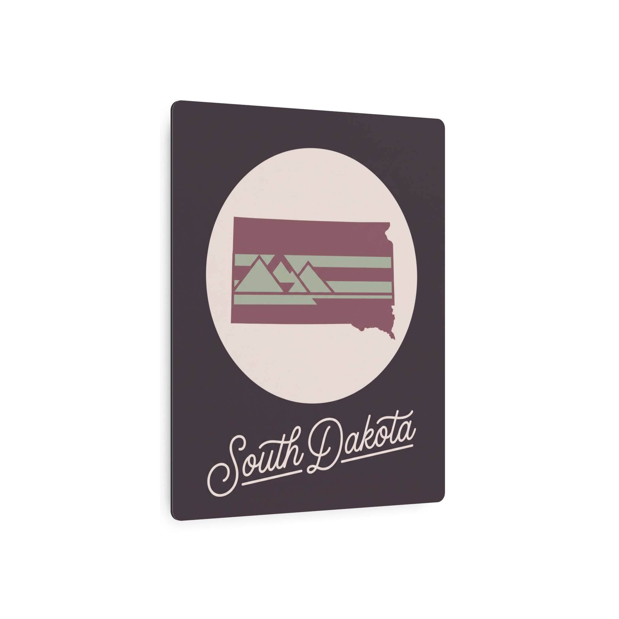 Square South Dakota metal wall art with circular graphic, mauve silhouette stripes, and script