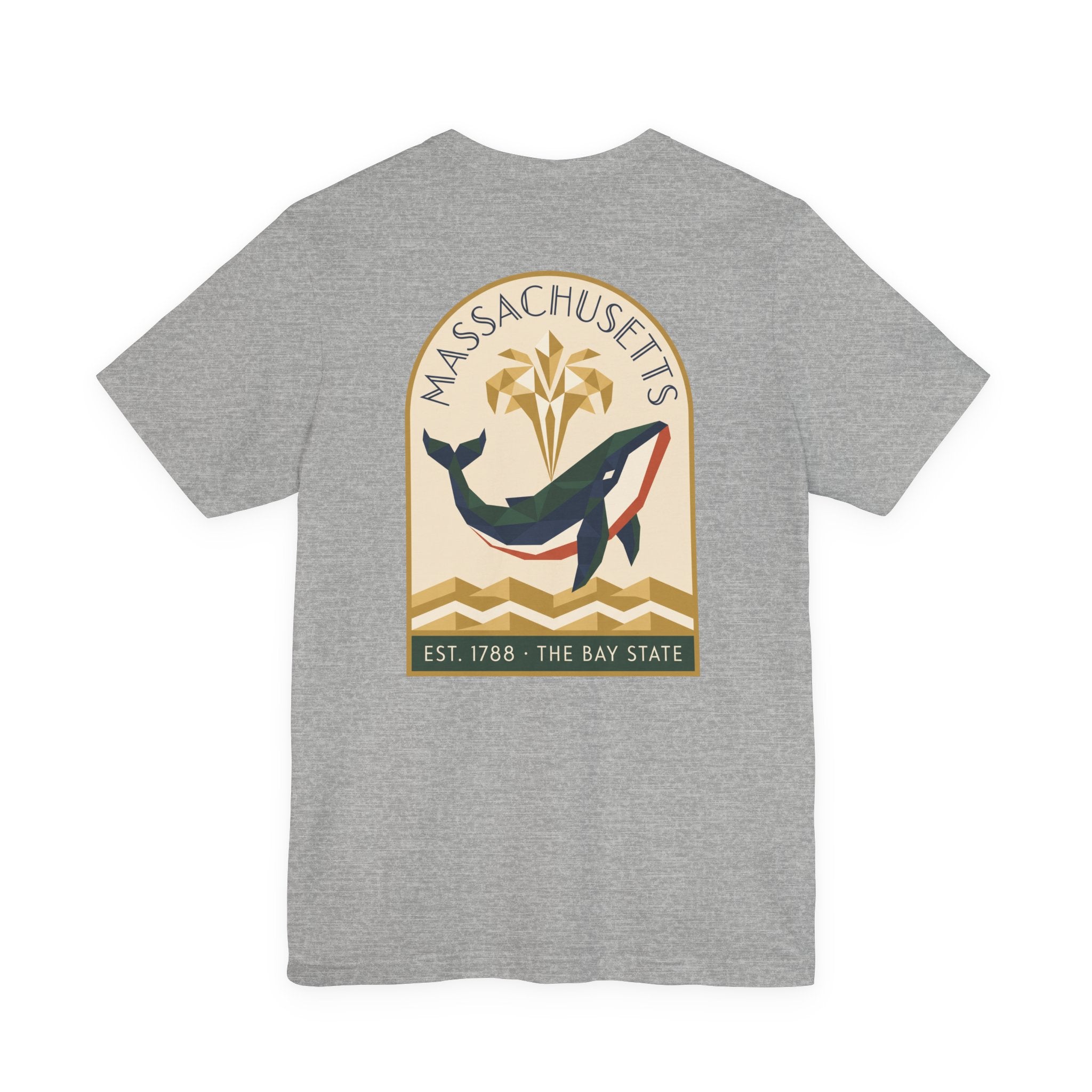 Heather gray T-shirt with whale and Massachusetts emblem graphic