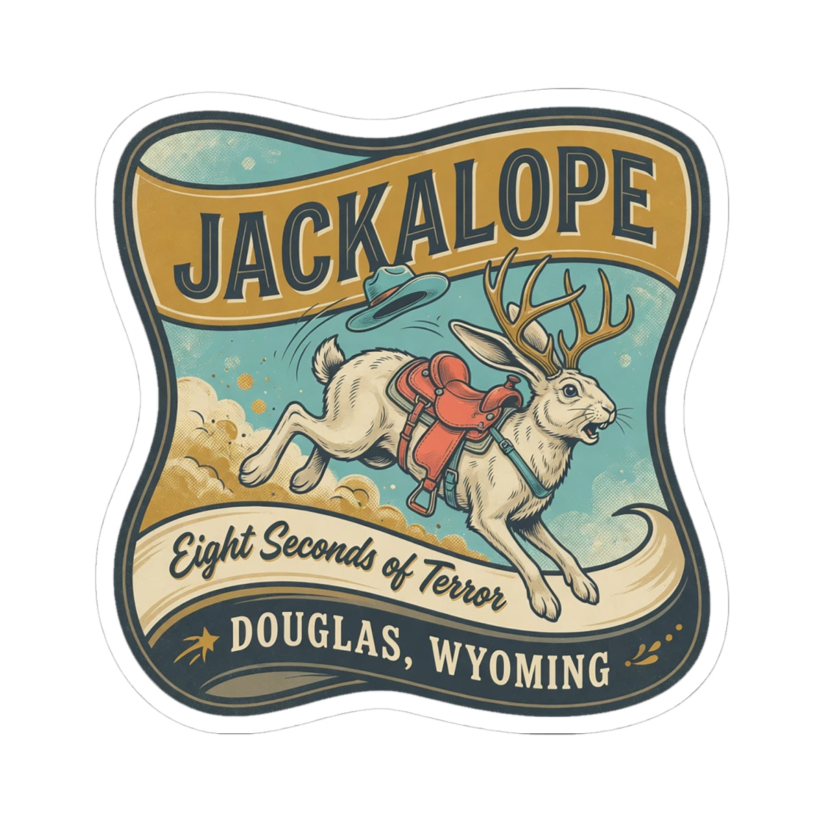 Round-edged Jackalope sticker featuring a jackalope in a vest and “Douglas, Wyoming”