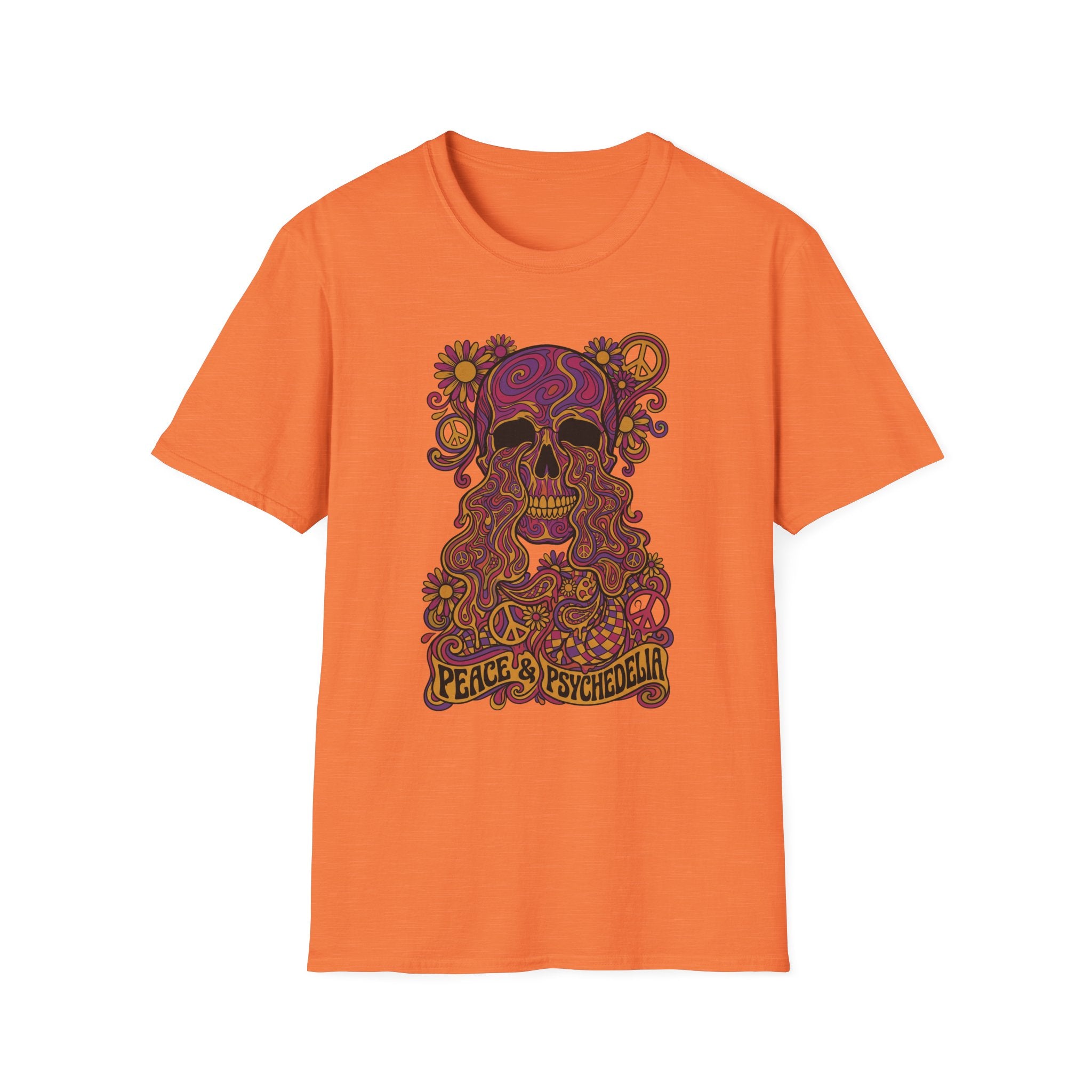 Skull T-shirt in orange with colorful floral psychedelic graphic and peace slogan