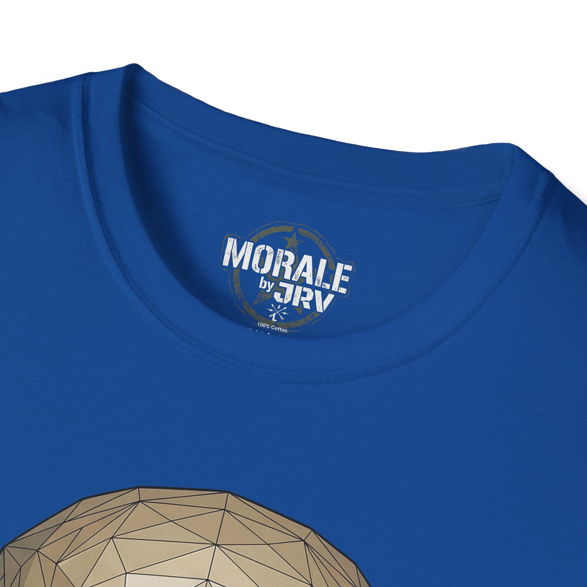Royal blue T-shirt neckline with “MORALE by TRV” tag and top of skull graphic