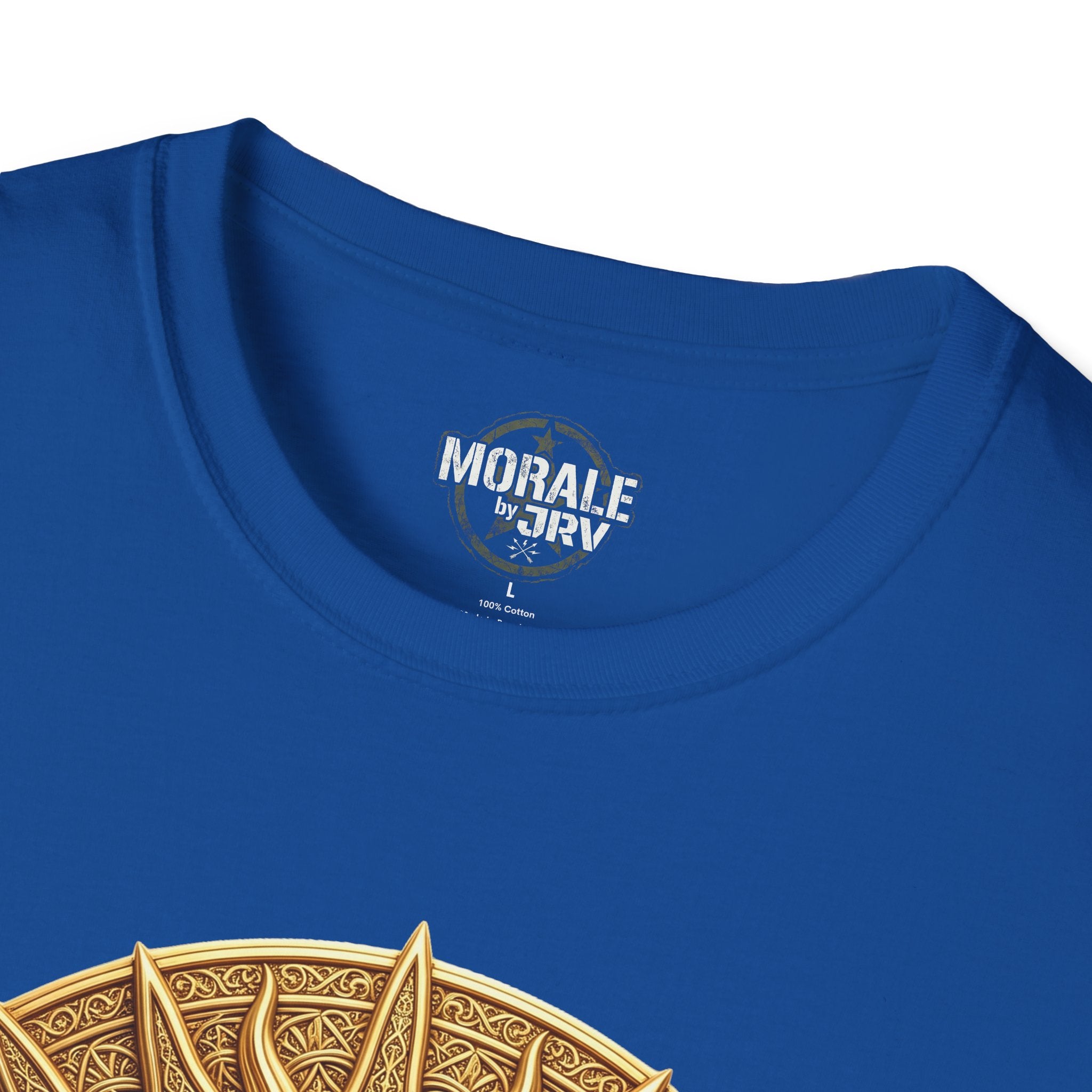 Royal blue T-shirt neckline with small logo and partial sun medallion
