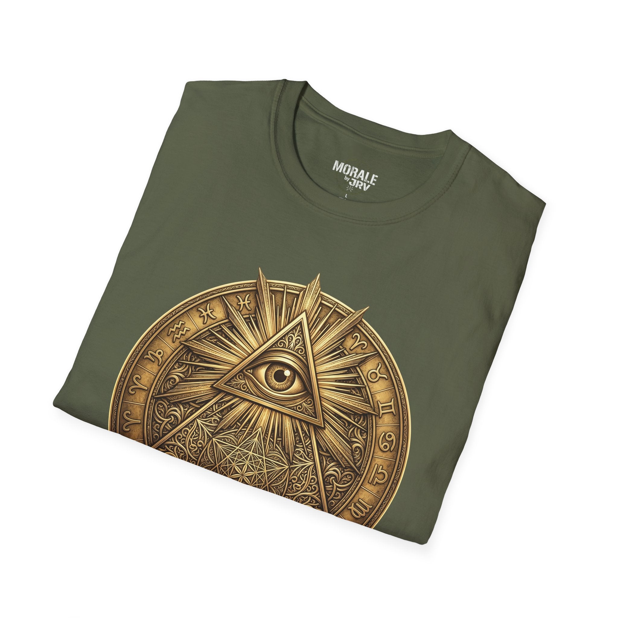 Military green T-shirt with gold all-seeing eye mandala graphic, crew neck