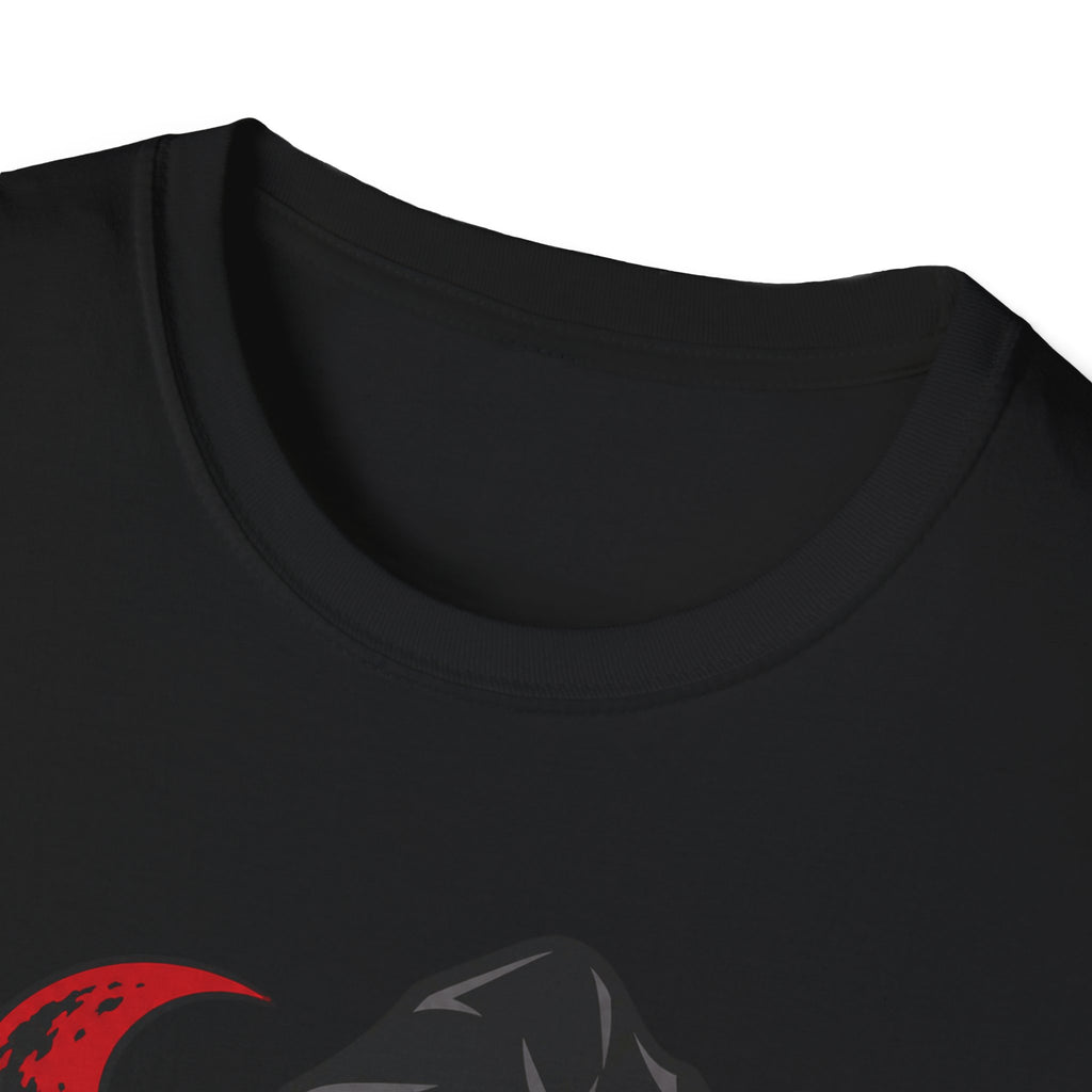 Black crew-neck T-shirt with partial witch face graphic at lower chest