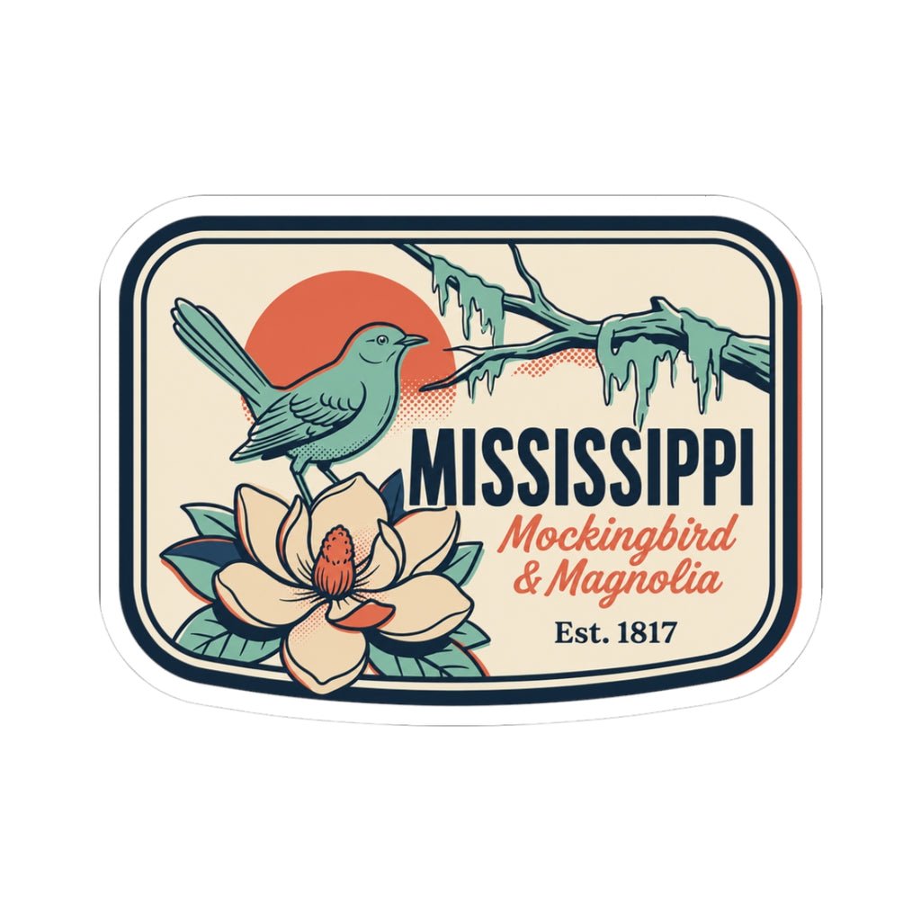 Mississippi state vinyl sticker with teal mockingbird, magnolia flowers, and bold text