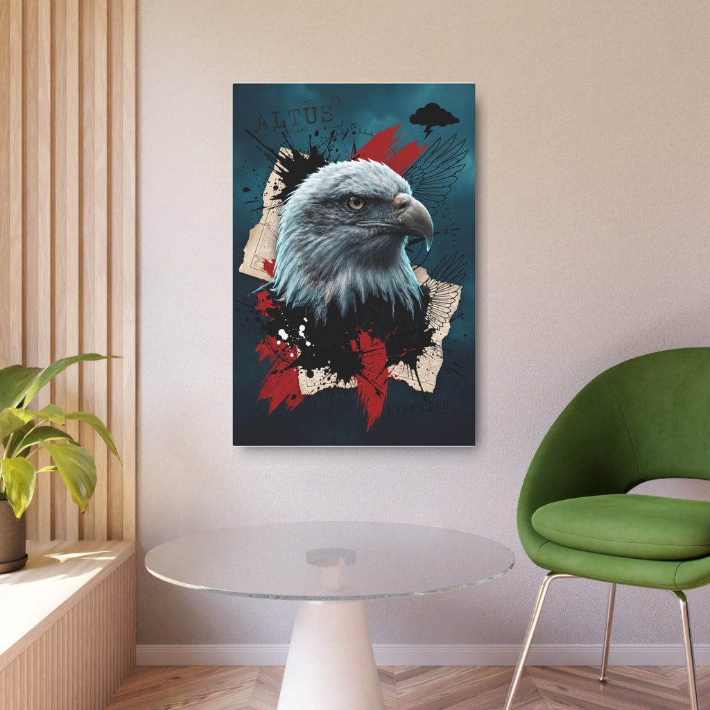 Adler-Wandposter in Schwarz/Rot/Teal mit weißem Kopf, Flügeln und Spritzgrafik